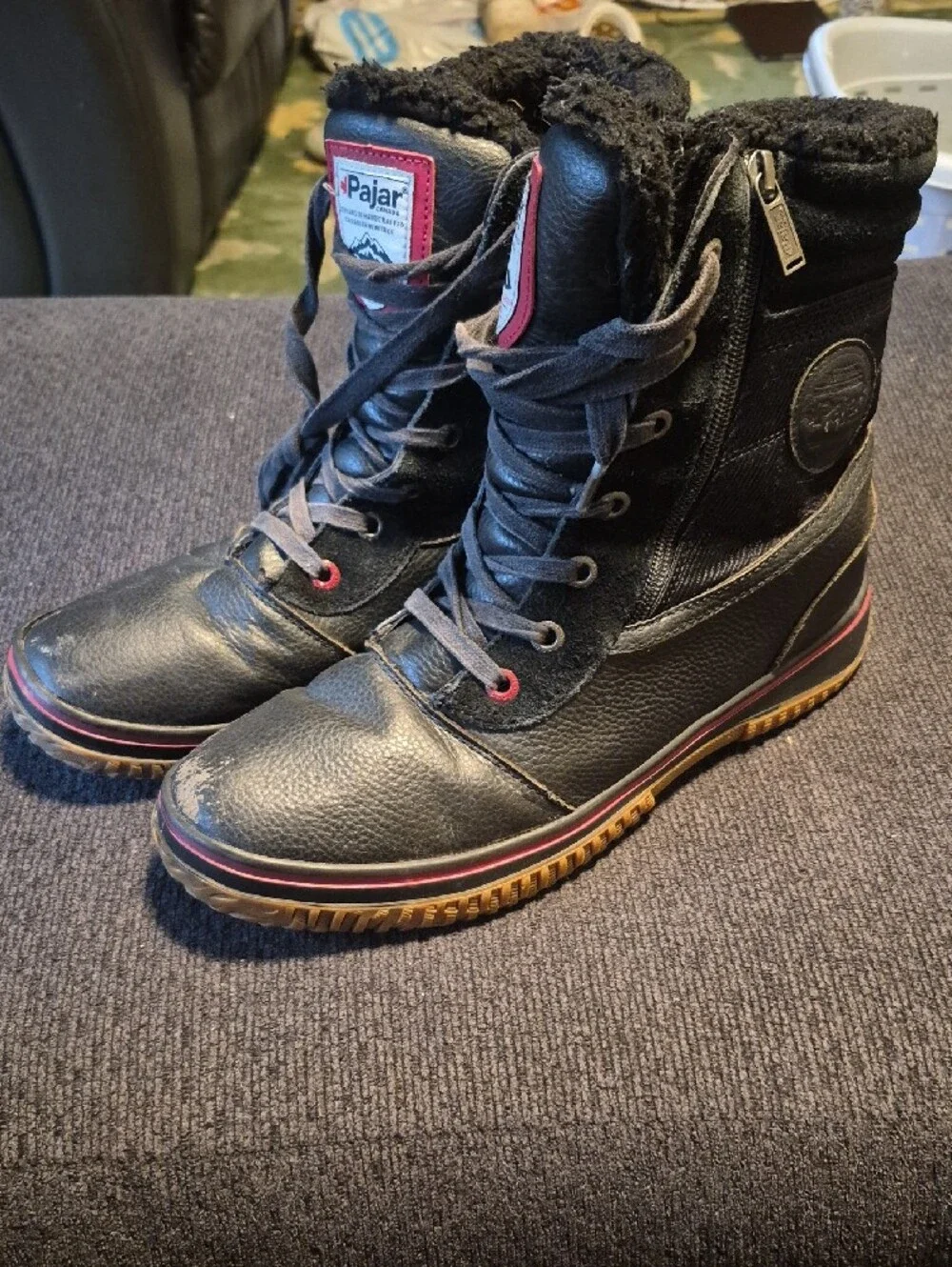 Pajar Men's Black Leather Lace-Up Winter Boots with Red Trim